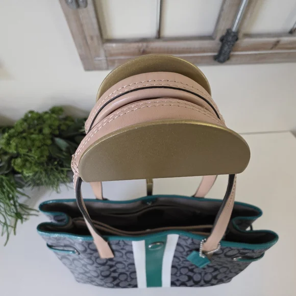 Coach Signature Stripe Large Carryall Tote-Navy Denim Look, Jade Green Stripe - Picture 12 of 16